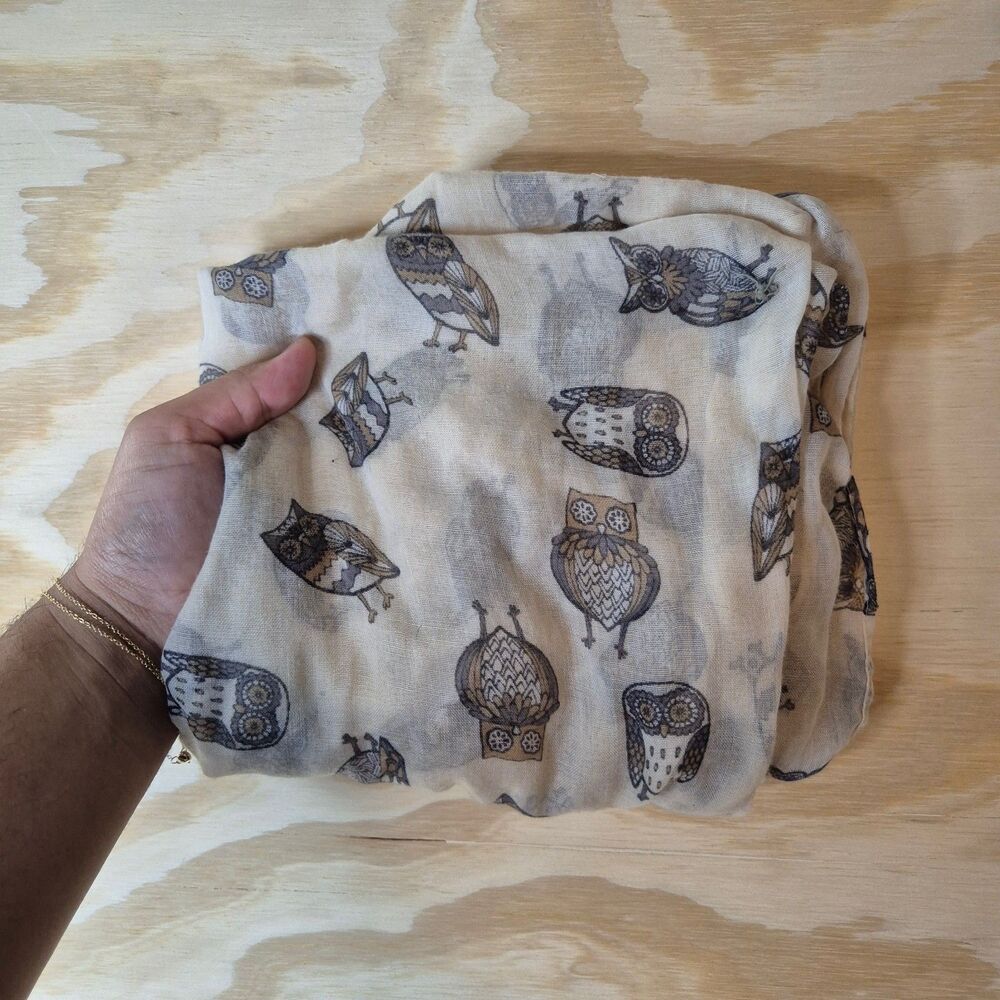 Womens Lightweight Owl Print Scarf Beige Brown Black Sheer Wrap Shawl